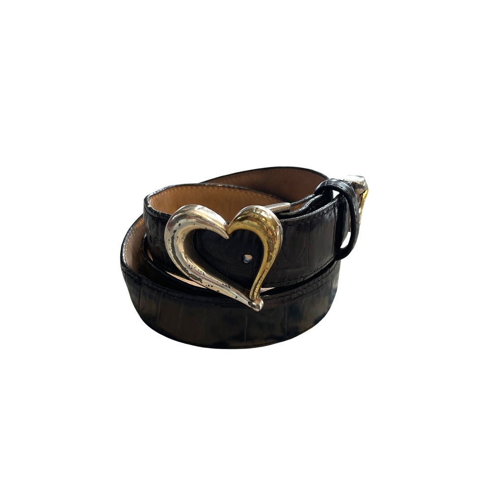 Talbots Black Croc Embossed Leather Heart Buckle Belt Mixed Metal Vintage Large